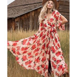NWT Joyfolie Mia Joy‎ Aniya Dress Womens XS Red Greta Floral Maxi Boho